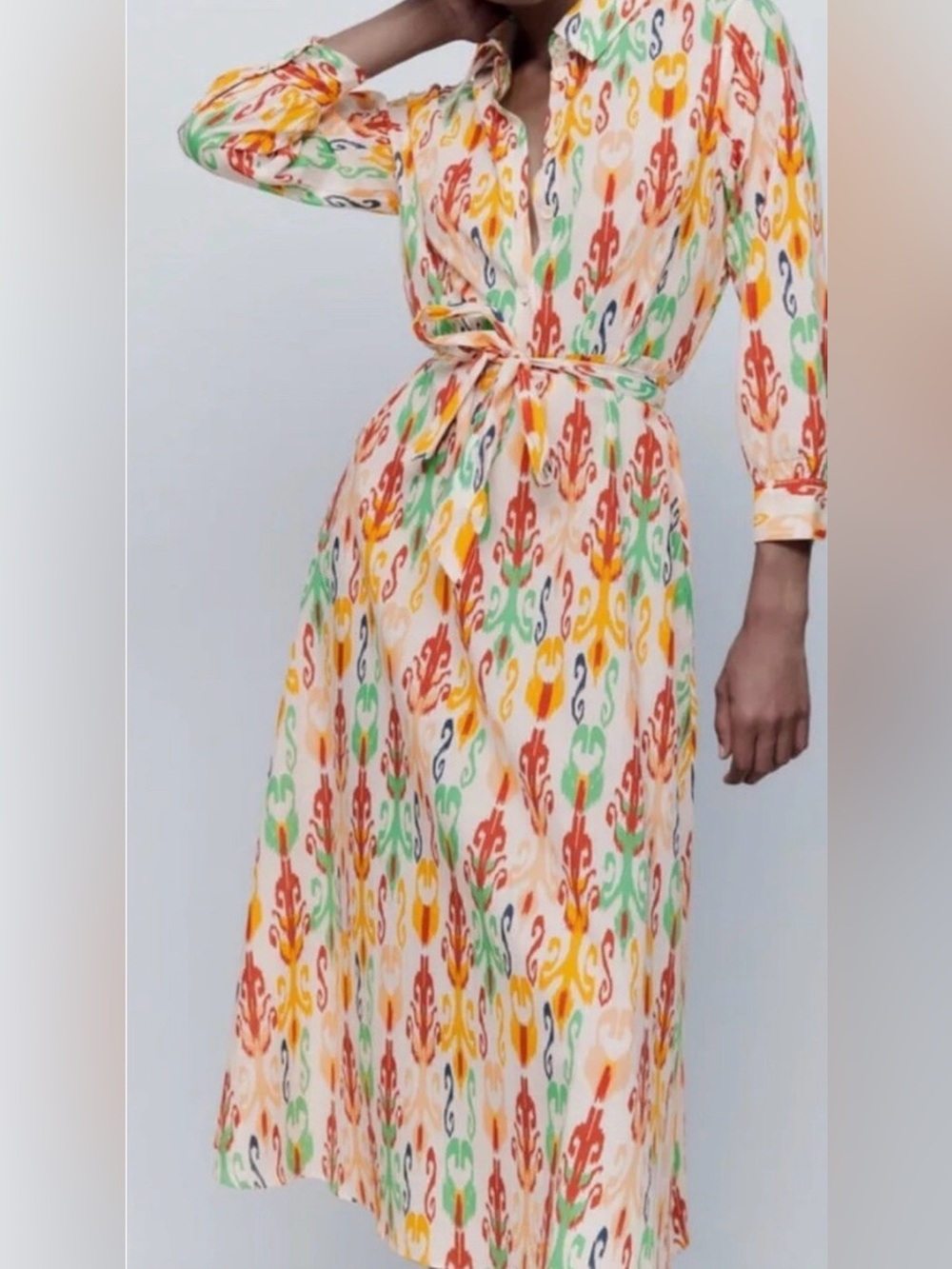 Zara Oyster White Printed Belted Midi Maxi Dress Multicolor Ikat Print Size M